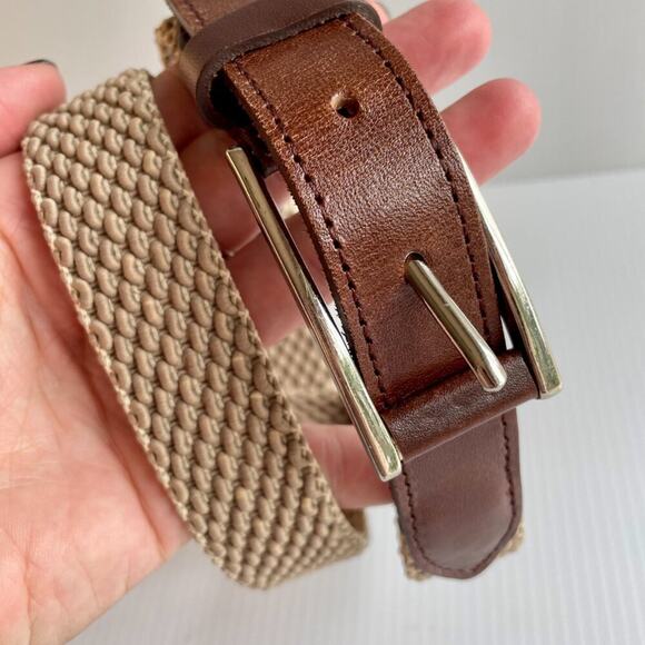 Leather Woven Elastic Belt Unisex S Silver Buckle Preppy Collegiate Classic - Picture 7 of 10